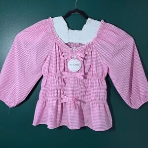 Available Pink Gingham Puff Sleeve Smocked Peplum Top T51233W Large NWT